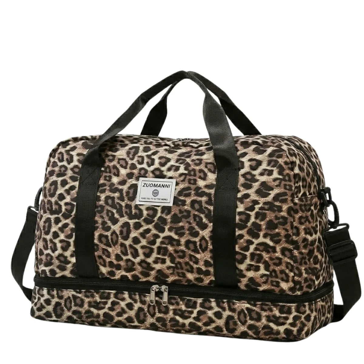 Sac à langer léopard grande taille coloris caramel, vue 3/4, double compartiment visible