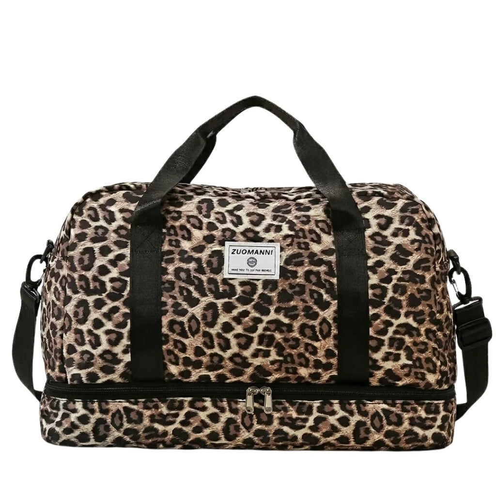 Sac à langer léopard grande taille coloris caramel, vue de face, bandoulière ajustable