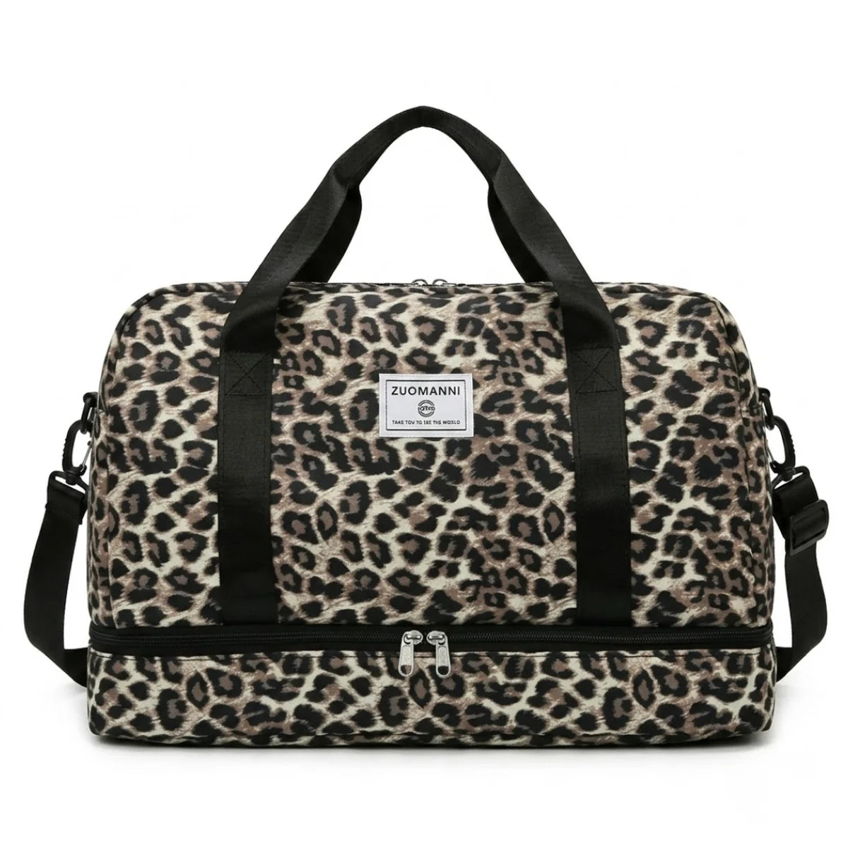 Sac à langer léopard grande taille coloris sable, vue de face, fermeture éclair double compartiment