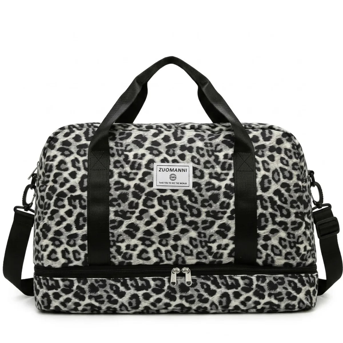 Sac à langer léopard grande taille coloris snow gris, vue de face, double compartiment inférieur