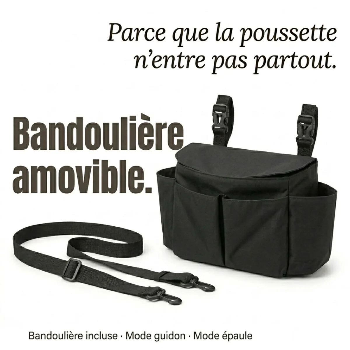 sac à langer poussette à rabat protecteur noir, mode guidon et mode épaule.