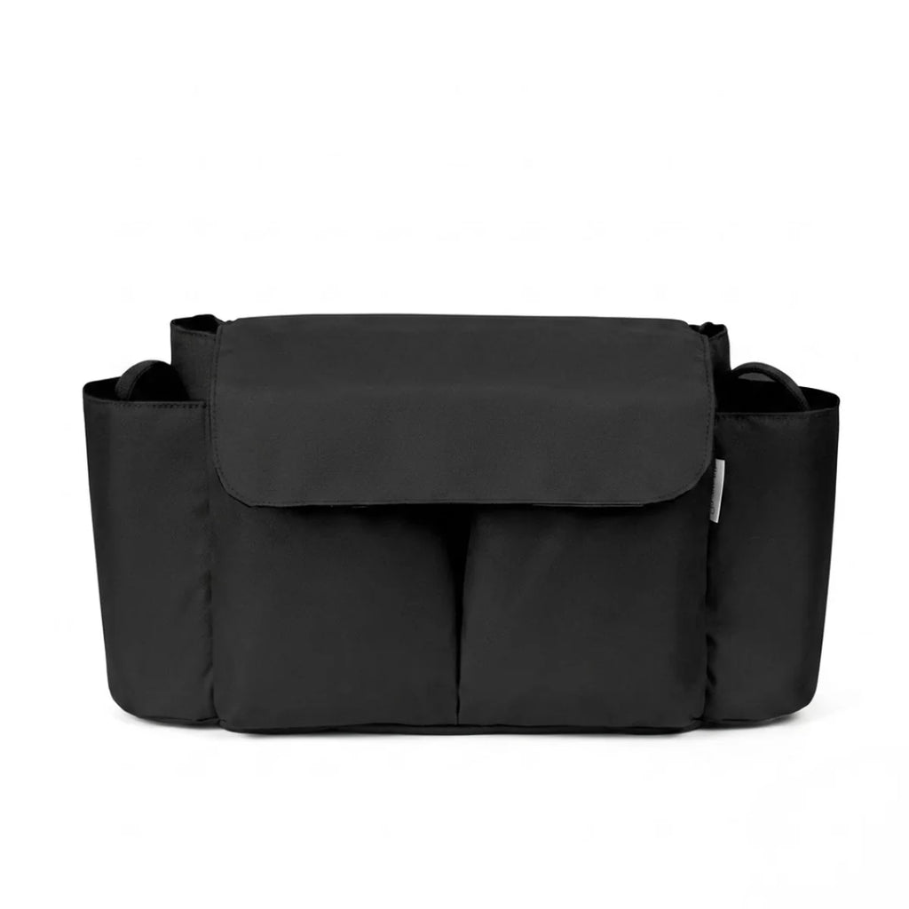 Vue de face du sac à langer poussette à rabat protecteur noir.