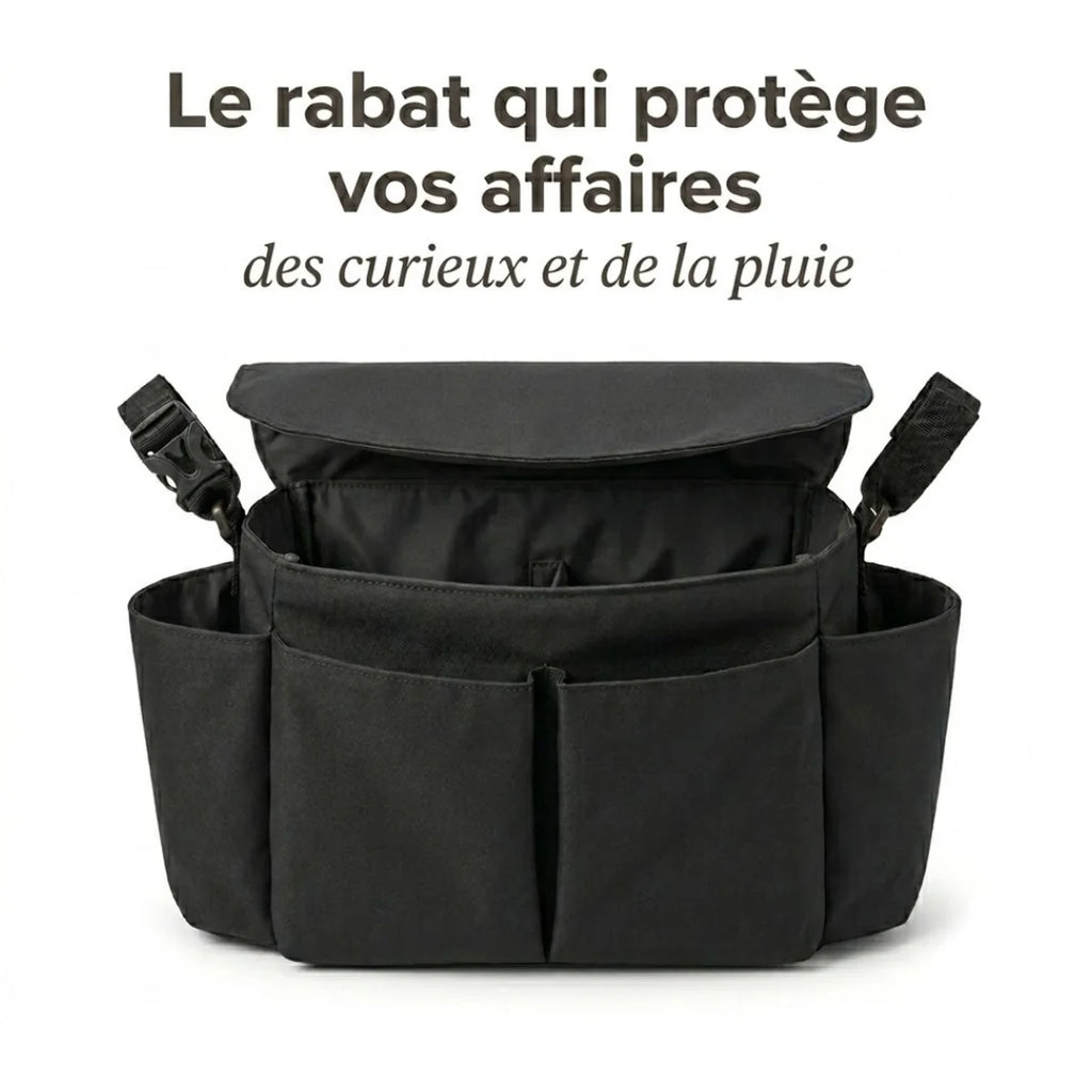 infographie du sac à langer poussette à rabat protecteur.