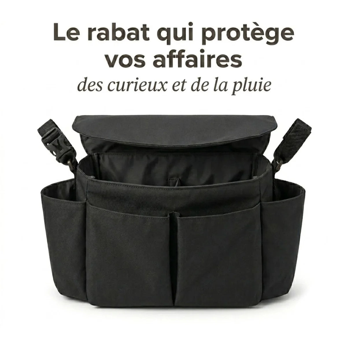 infographie du sac à langer poussette à rabat protecteur.