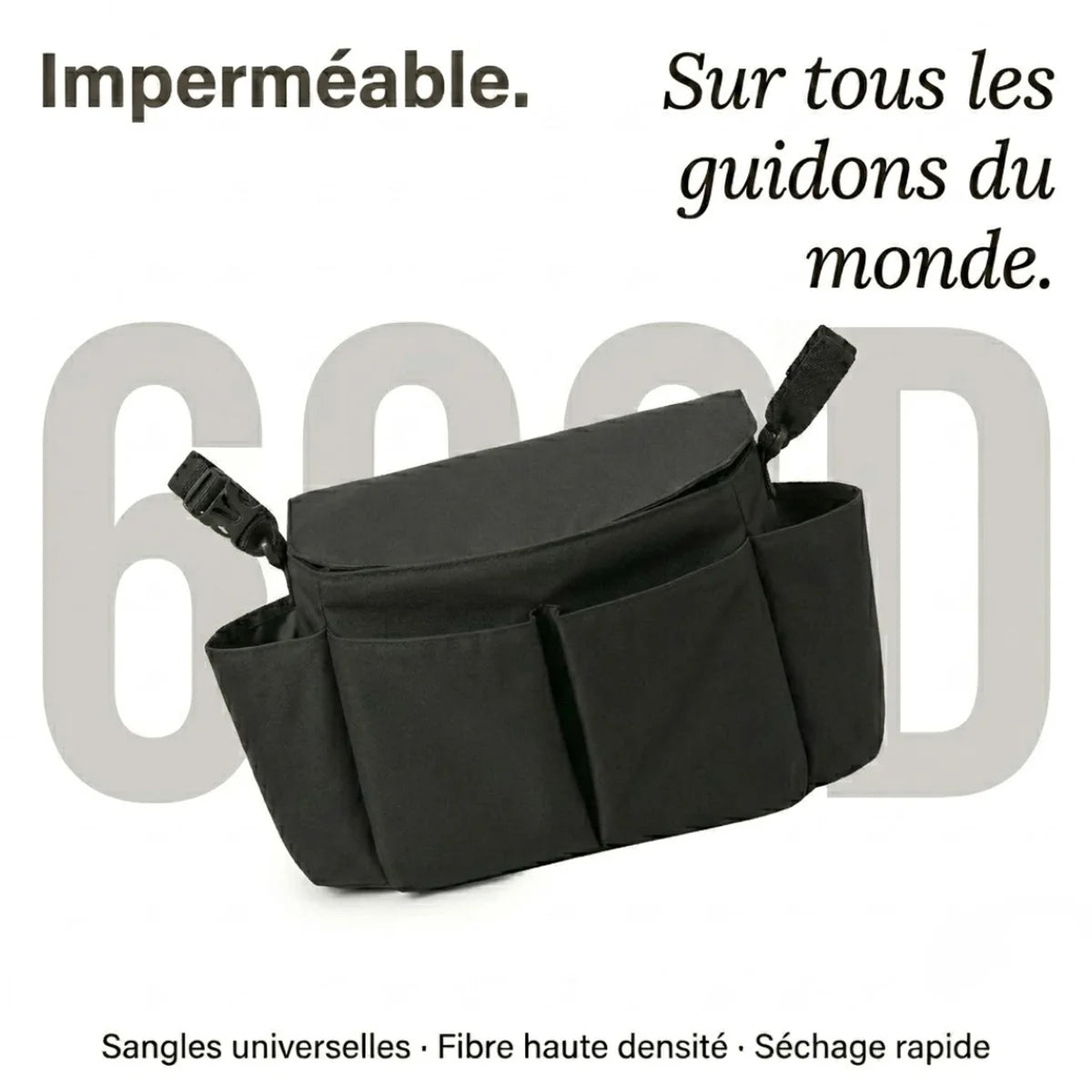 Détail du tissu haute densité 600D du sac à langer poussette à rabat protecteur.