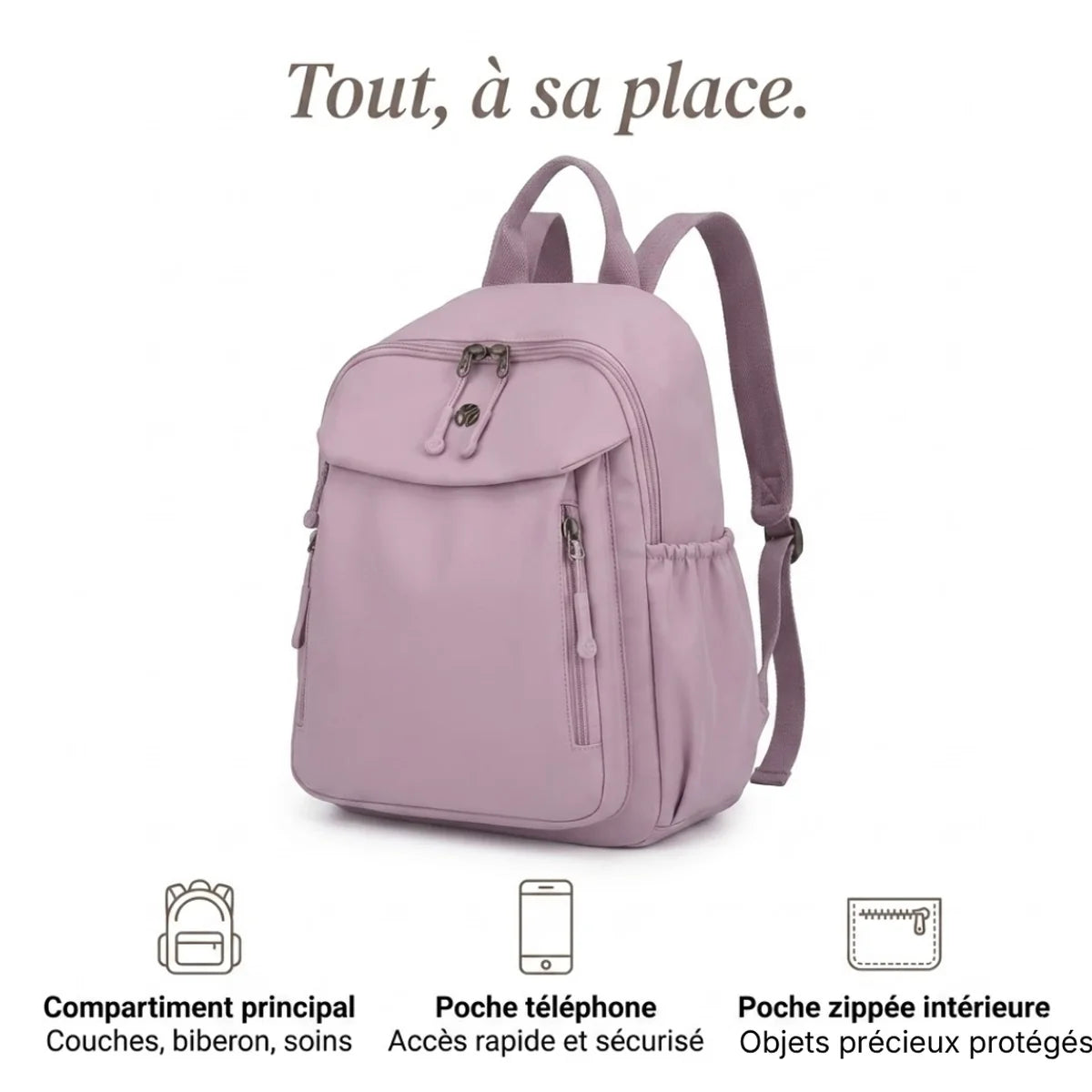 infographie visant à montrer les points fort du petit sac à langer classique 